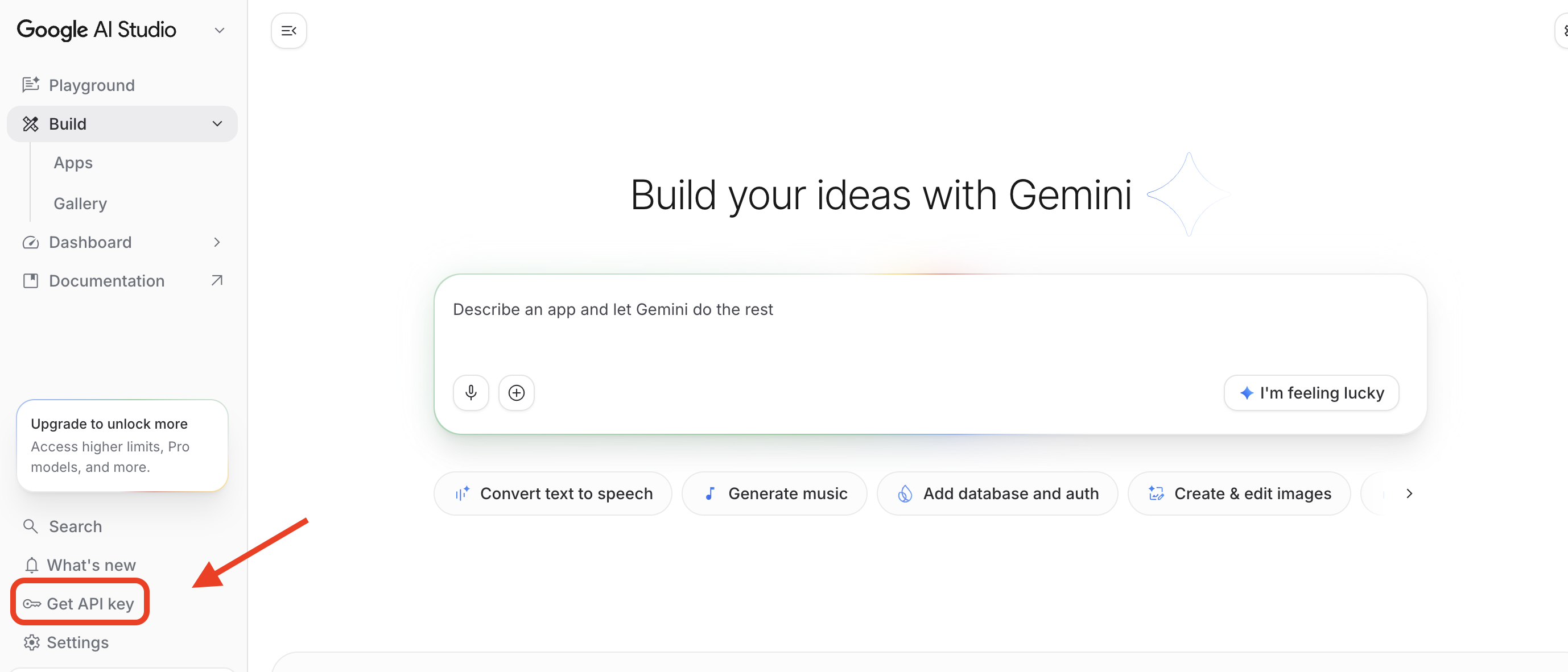 Google AI Studio 左侧菜单中的 Get API key 入口位置