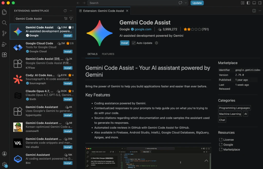 Gemini Code Assist 扩展详情页，显示由 Google 发布