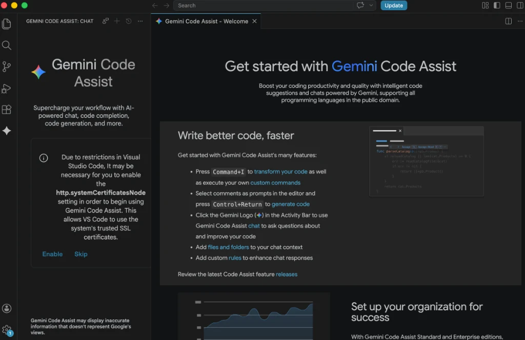 Gemini Code Assist 提示启用 http.systemCertificatesNode 的界面