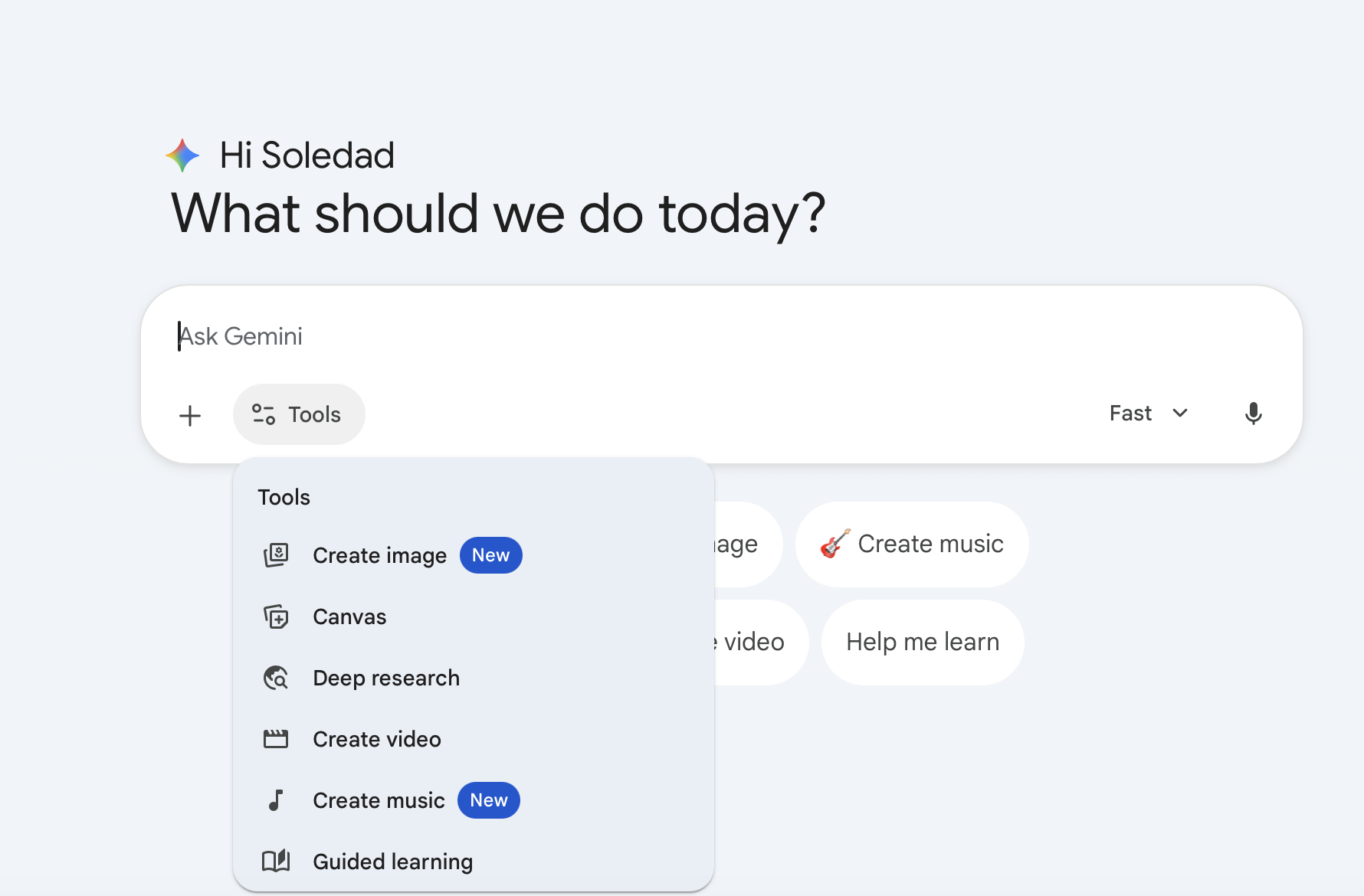 Gemini 首页点击 Tools 后展开工具菜单并看到 Deep research 选项