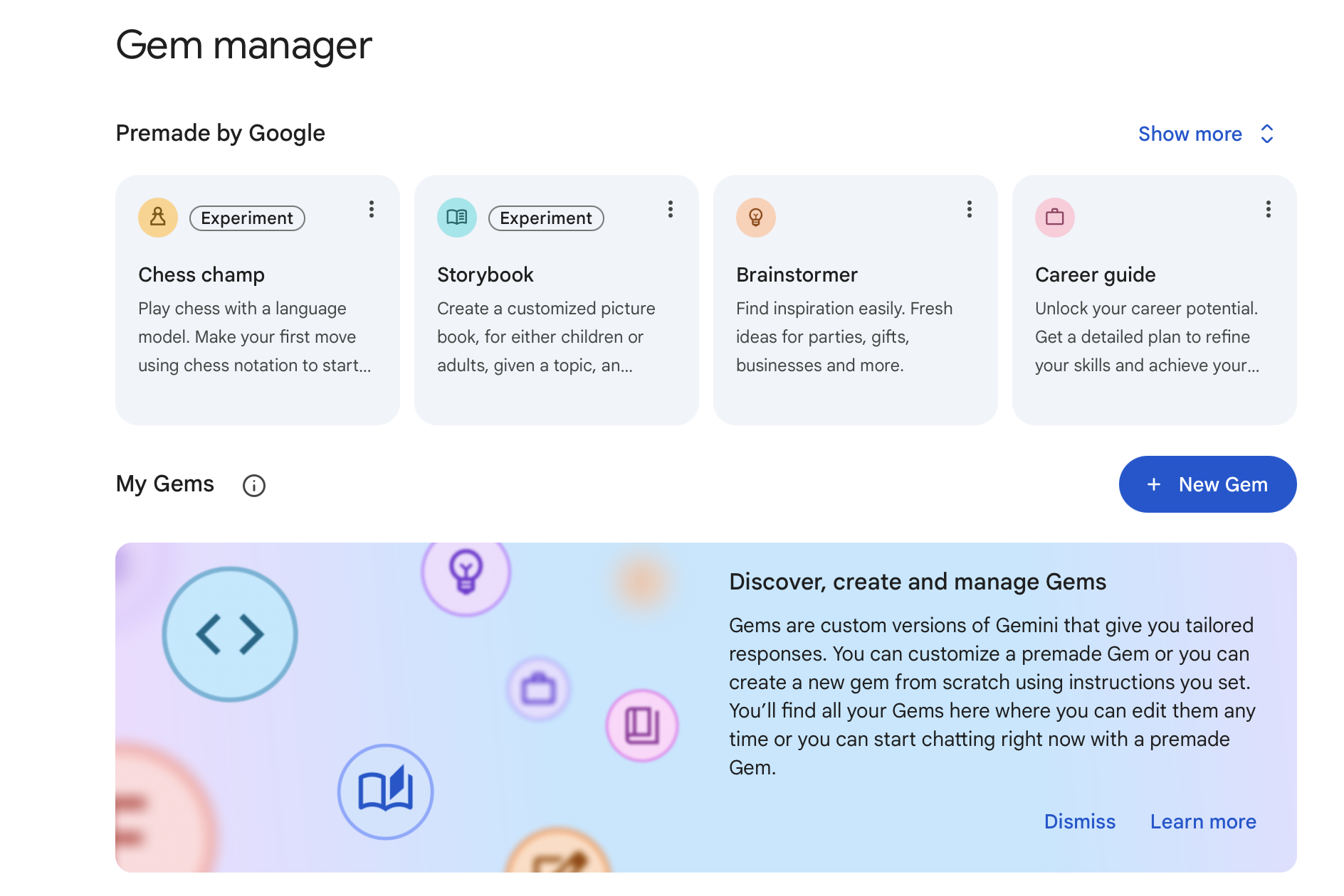 Gem manager 页面展示 Premade by Google 和 My Gems 管理区域