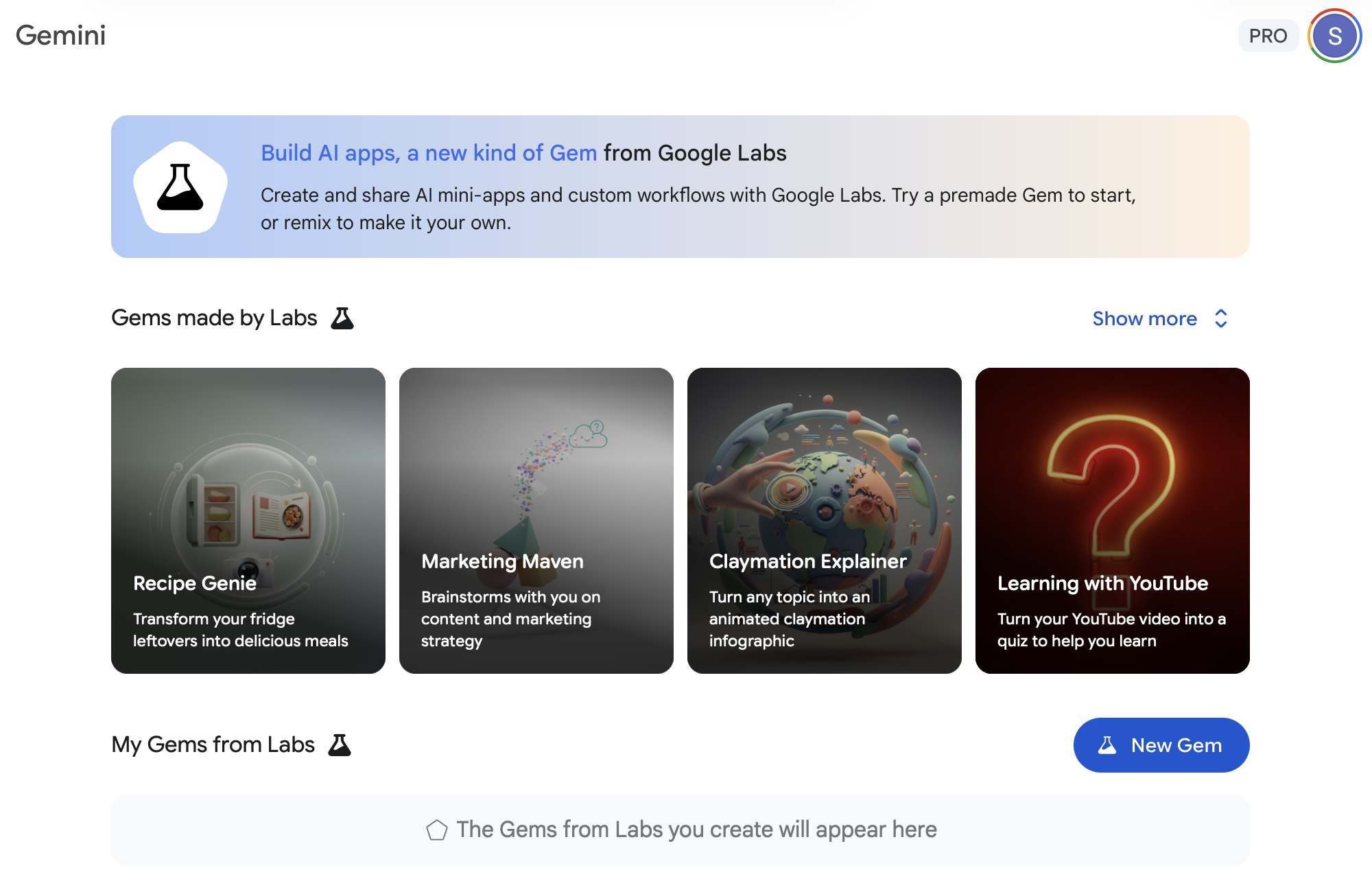 Gemini Gems 页面展示 Google Labs 的预制 Gems 和 New Gem 入口