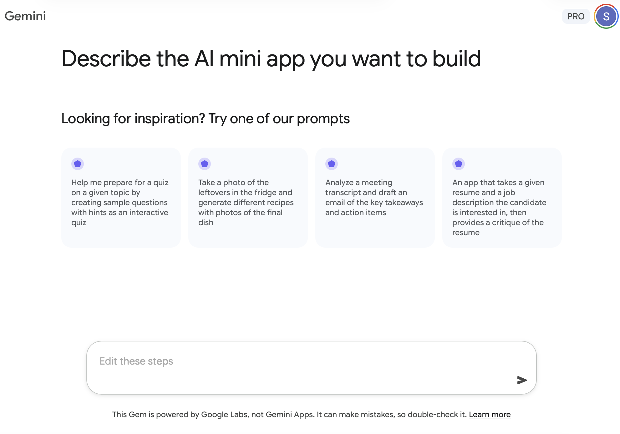 New Gem 创建界面可直接输入 AI mini app 描述并进入编辑流程
