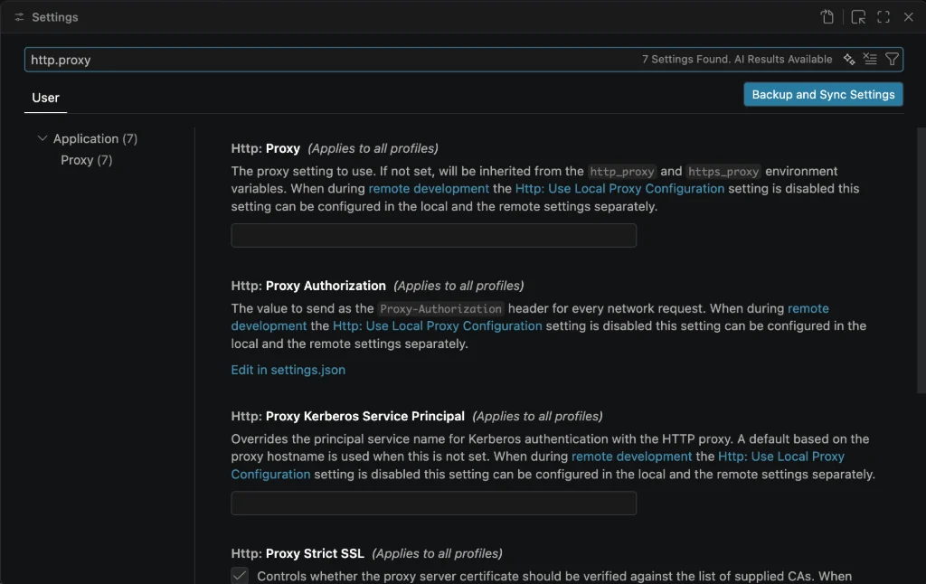 VSCode 设置中搜索 http.proxy 后显示的 Http Proxy 选项
