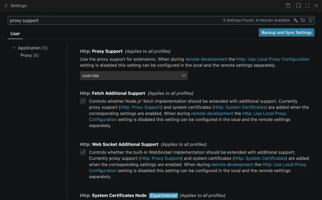 VSCode 设置中搜索 proxy support 后显示的 Http Proxy Support 选项